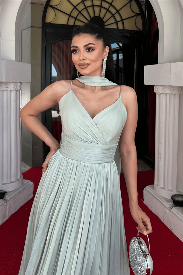 Kırinkıl Saten Kumaş Askılı Midi Boy Elbise - MİNT YEŞİLİ