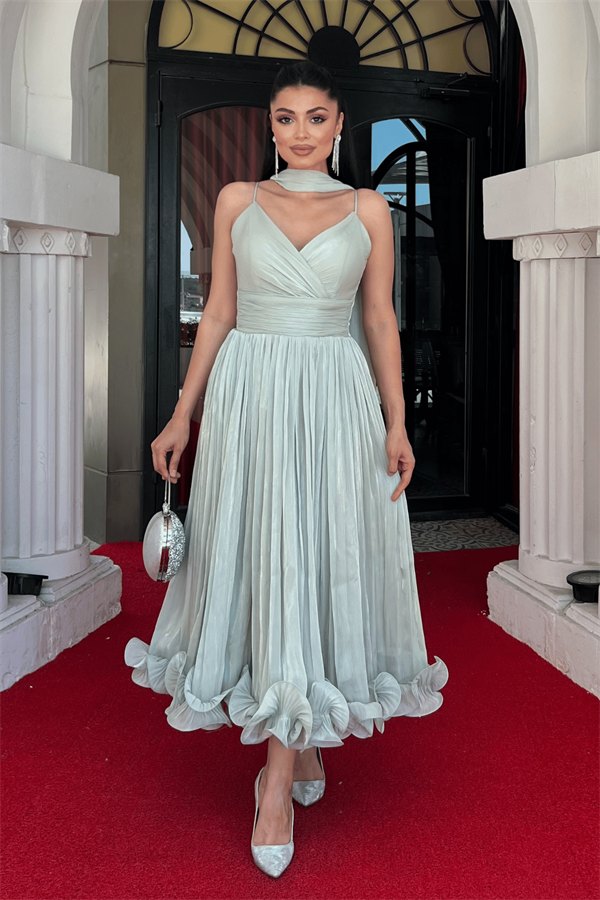 Kırinkıl Saten Kumaş Askılı Midi Boy Elbise - MİNT YEŞİLİ