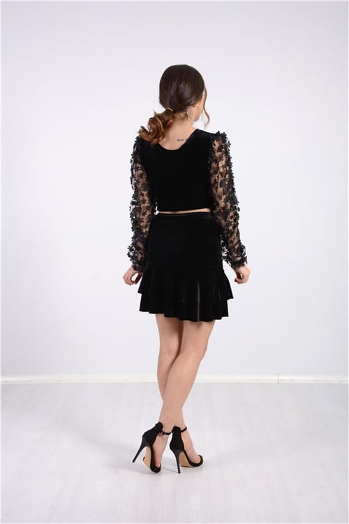 3D Flowy Detailed Skirt Blouise Velvet Dress - Black