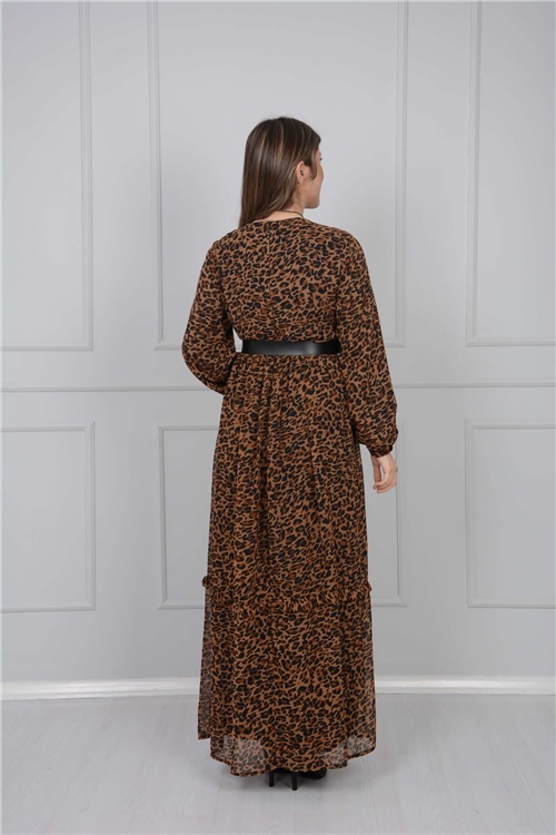 فستان ليوبارد مفصل بقلادة - البني