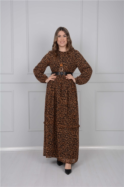 فستان ليوبارد مفصل بقلادة - البني