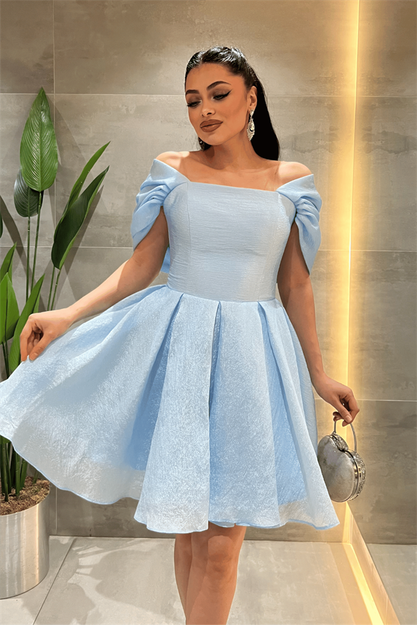 Kraşlı Kumaş Kayık Yaka Mini Elbise - BEBE MAVİSİ