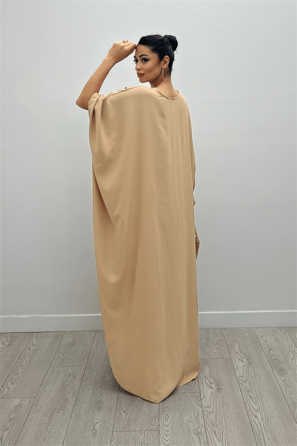 Krep Jesik Kumaş Yarasa Kol Elbise - KREM