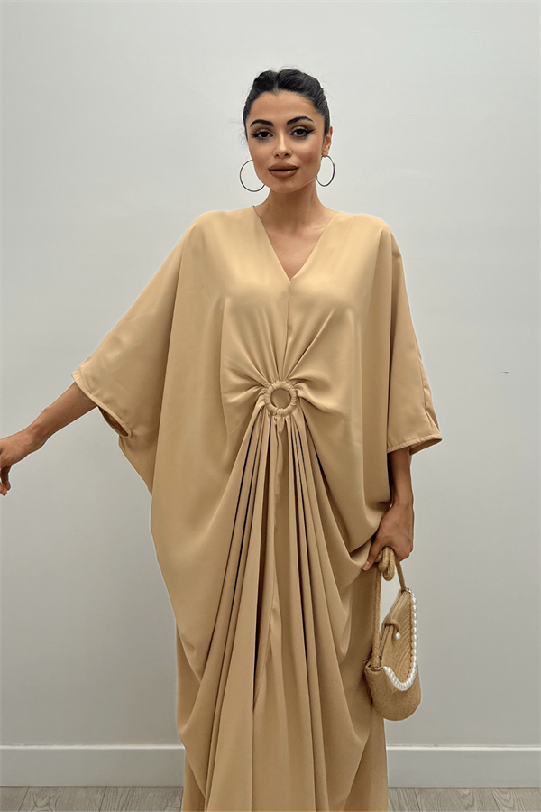 Krep Jesik Kumaş Yarasa Kol Elbise - KREM