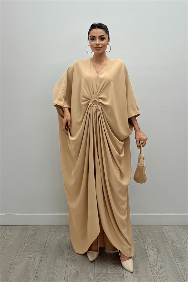 Krep Jesik Kumaş Yarasa Kol Elbise - KREM