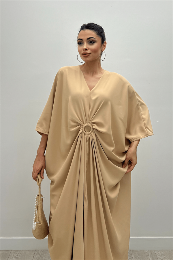 Krep Jesik Kumaş Yarasa Kol Elbise - KREM