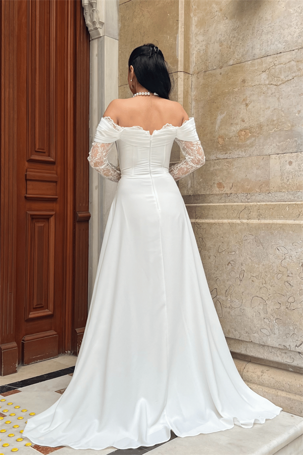 Krep Kumaş Balen Dantel Detaylı Abiye Elbise - BEYAZ