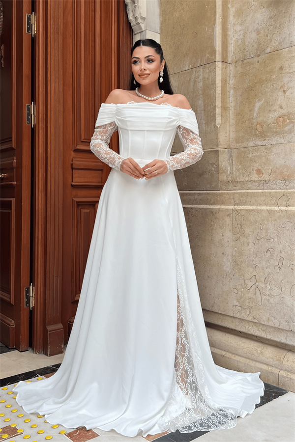 Krep Kumaş Balen Dantel Detaylı Abiye Elbise - BEYAZ