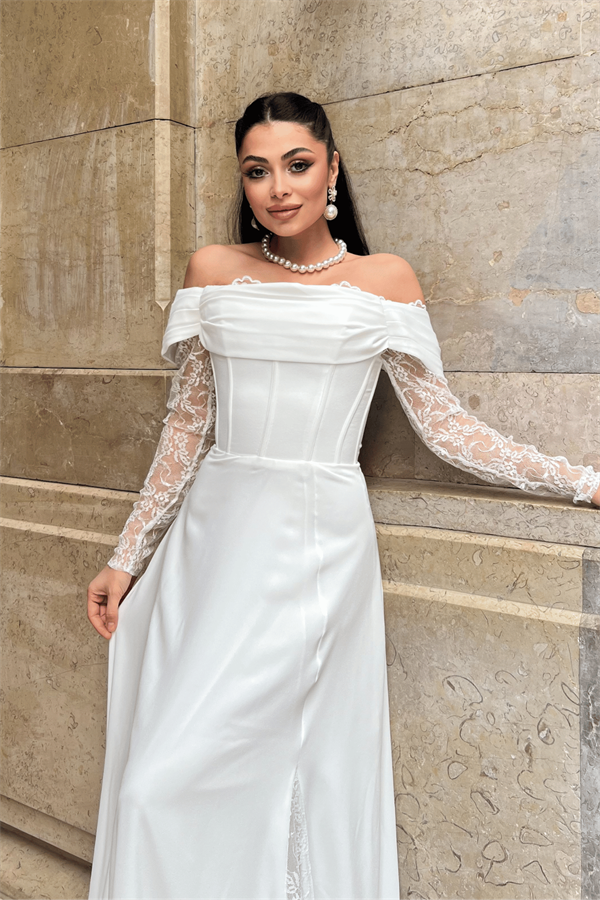 Krep Kumaş Balen Dantel Detaylı Abiye Elbise - BEYAZ