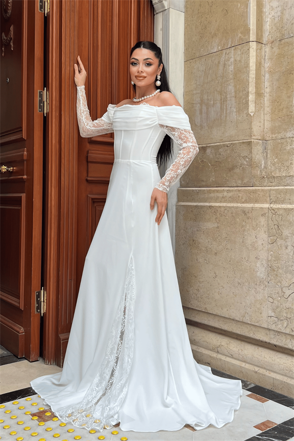 Krep Kumaş Balen Dantel Detaylı Abiye Elbise - BEYAZ