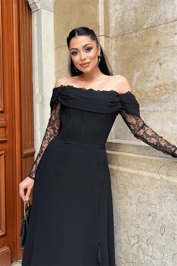 Krep Kumaş Balen Dantel Detaylı Abiye Elbise - SİYAH