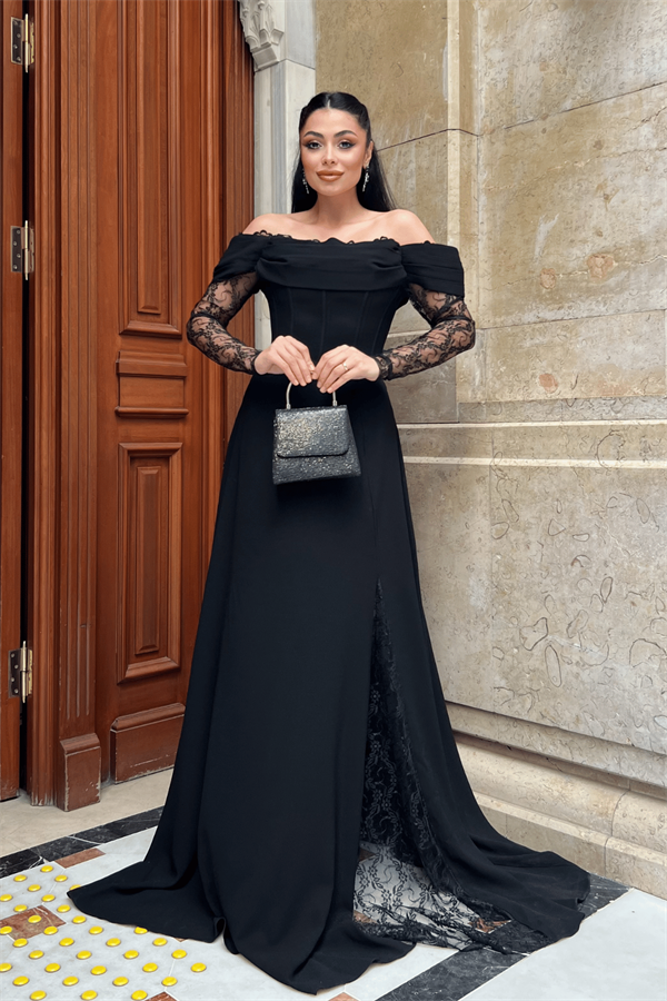 Krep Kumaş Balen Dantel Detaylı Abiye Elbise - SİYAH