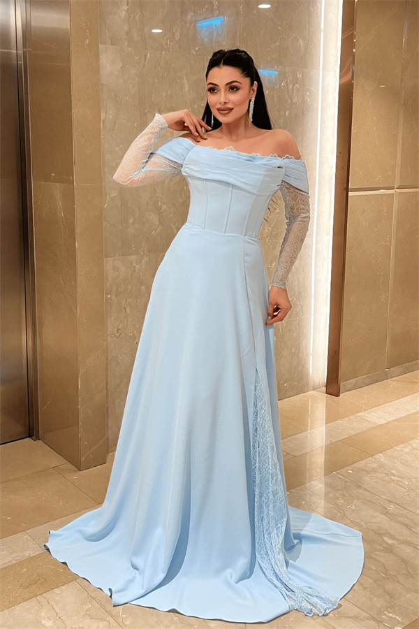 Krep Kumaş Balen Dantel Detaylı Abiye Elbise - BEBE MAVİSİ