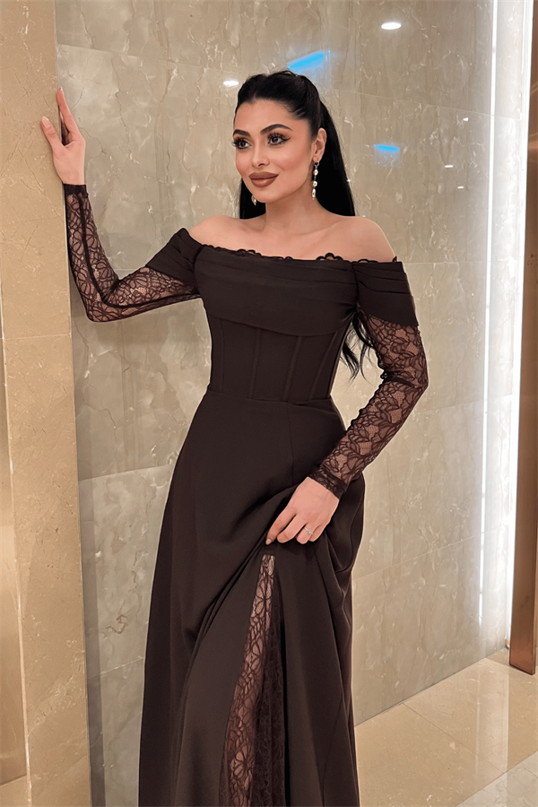 Krep Kumaş Balen Dantel Detaylı Abiye Elbise - KAHVERENGİ