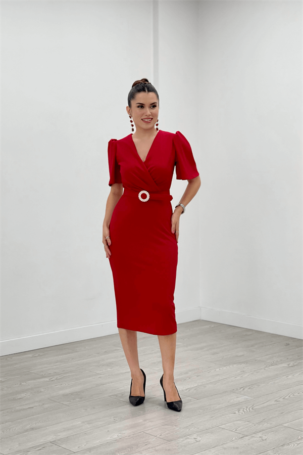 Krep Kumaş Balon Kol Kalem Abiye Elbise - KIRMIZI