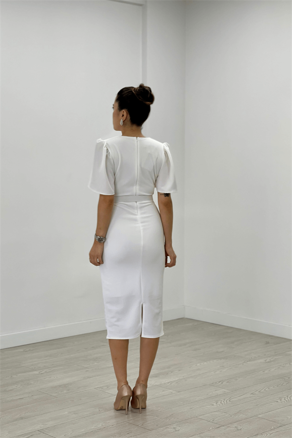 Krep Kumaş Balon Kol Kalem Abiye Elbise - BEYAZ