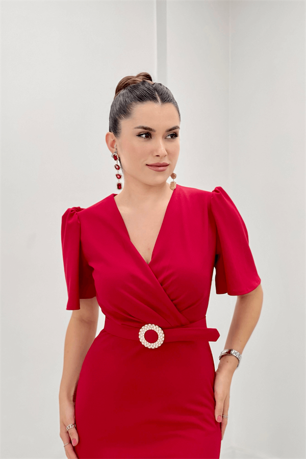 Krep Kumaş Balon Kol Kalem Abiye Elbise - KIRMIZI