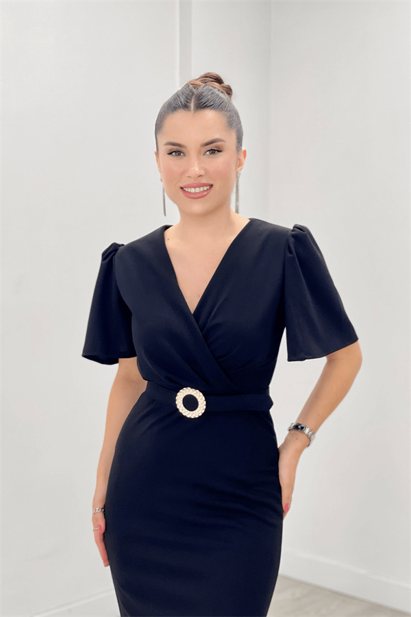 Krep Kumaş Balon Kol Kalem Abiye Elbise - SİYAH