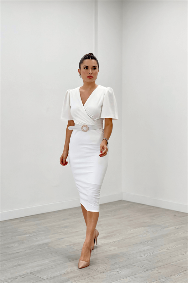 Krep Kumaş Balon Kol Kalem Abiye Elbise - BEYAZ