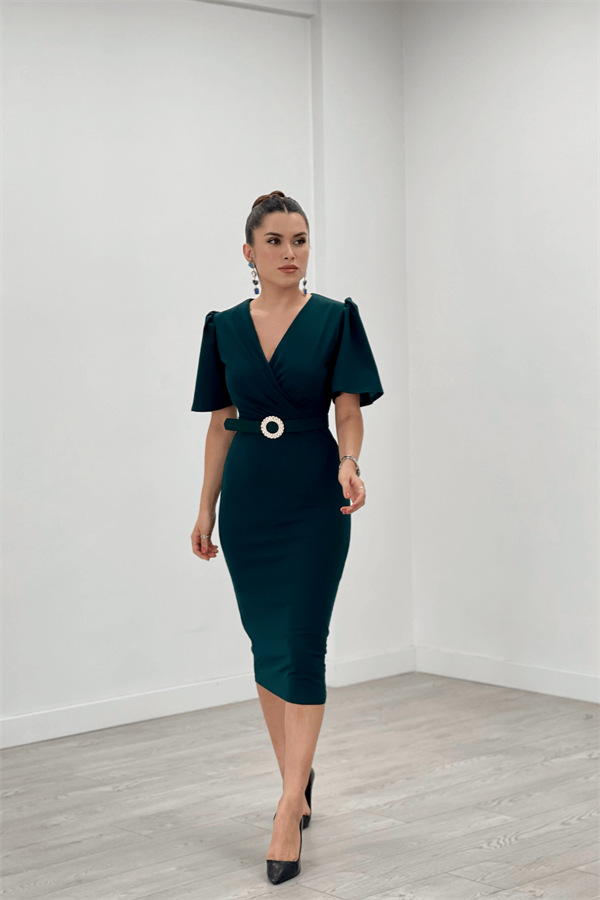 Krep Kumaş Balon Kol Kalem Abiye Elbise - ZÜMRÜT YEŞİL