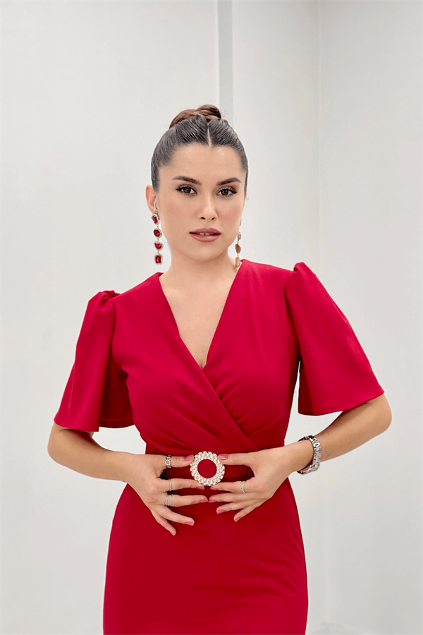 Krep Kumaş Balon Kol Kalem Abiye Elbise - KIRMIZI