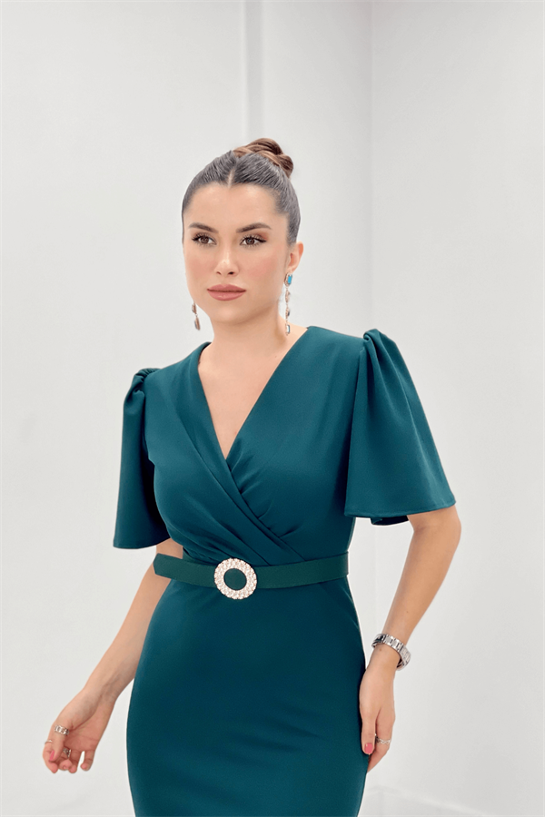 Krep Kumaş Balon Kol Kalem Abiye Elbise - ZÜMRÜT YEŞİL