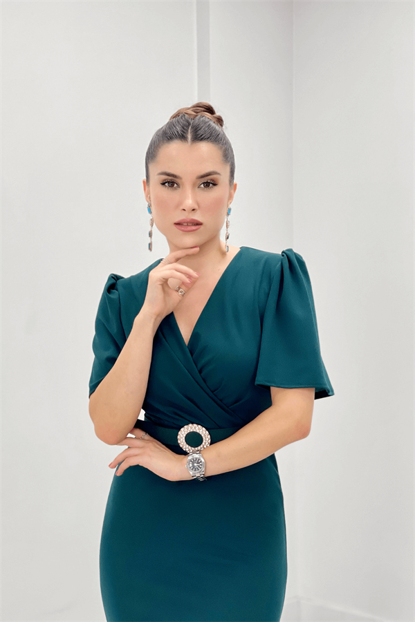 Krep Kumaş Balon Kol Kalem Abiye Elbise - ZÜMRÜT YEŞİL