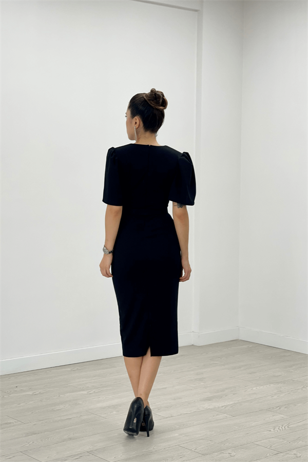 Krep Kumaş Balon Kol Kalem Abiye Elbise - SİYAH