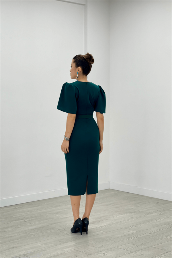 Krep Kumaş Balon Kol Kalem Abiye Elbise - ZÜMRÜT YEŞİL