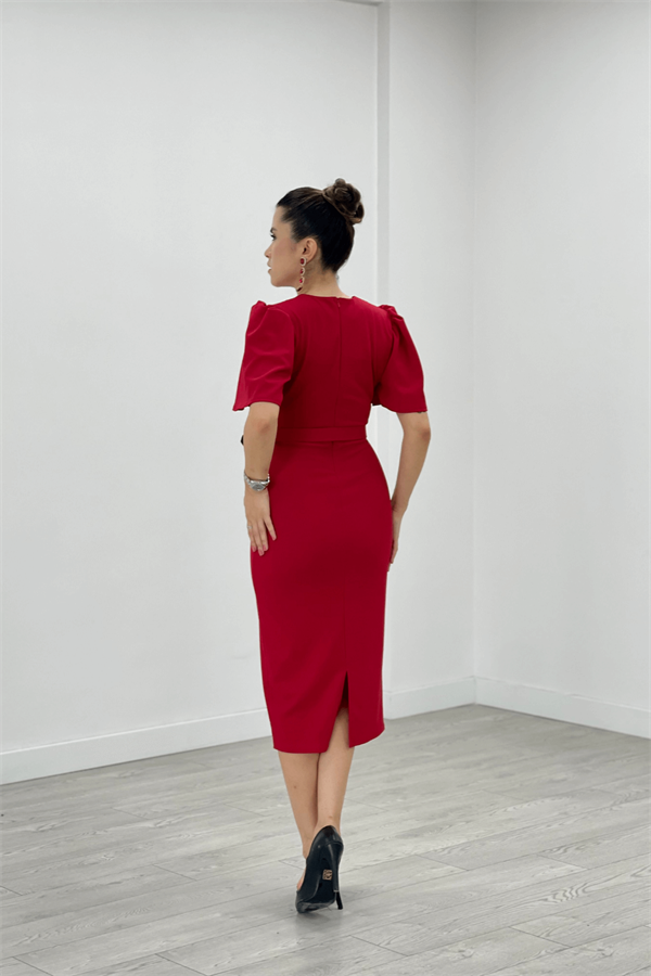 Krep Kumaş Balon Kol Kalem Abiye Elbise - KIRMIZI