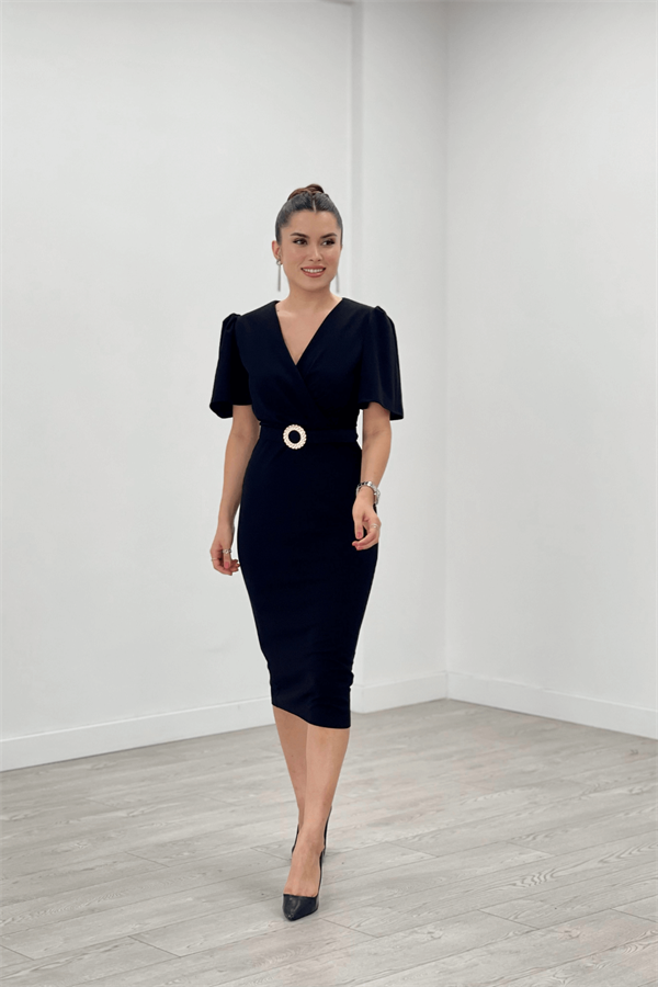 Krep Kumaş Balon Kol Kalem Abiye Elbise - SİYAH