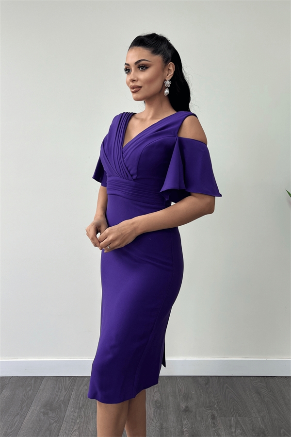 Krep Kumaş Büzgü Detaylı Kalem Elbise - MOR