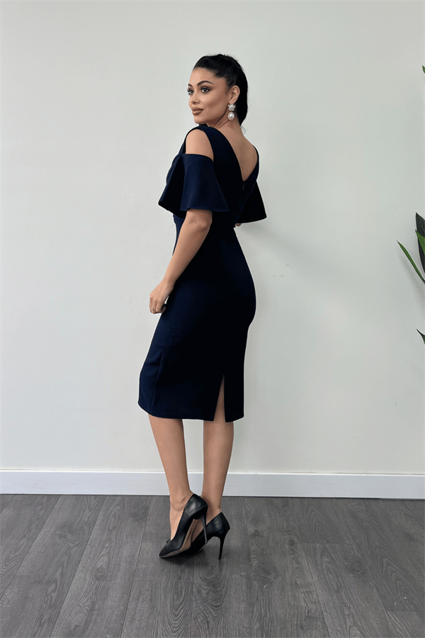 Krep Kumaş Büzgü Detaylı Kalem Elbise - LACİVERT