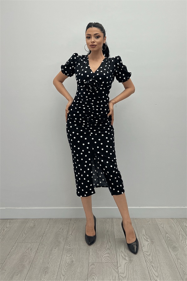 Krep  Kumas Büzgü Gül Detaylı Kalem Elbise - SİYAH