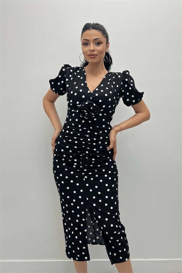 Krep  Kumas Büzgü Gül Detaylı Kalem Elbise - SİYAH