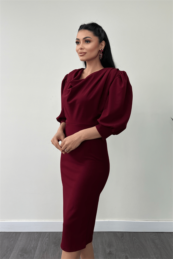 فستان قلم بياقة ديغاجي قماش الكريب بأكمام - بورجوندي