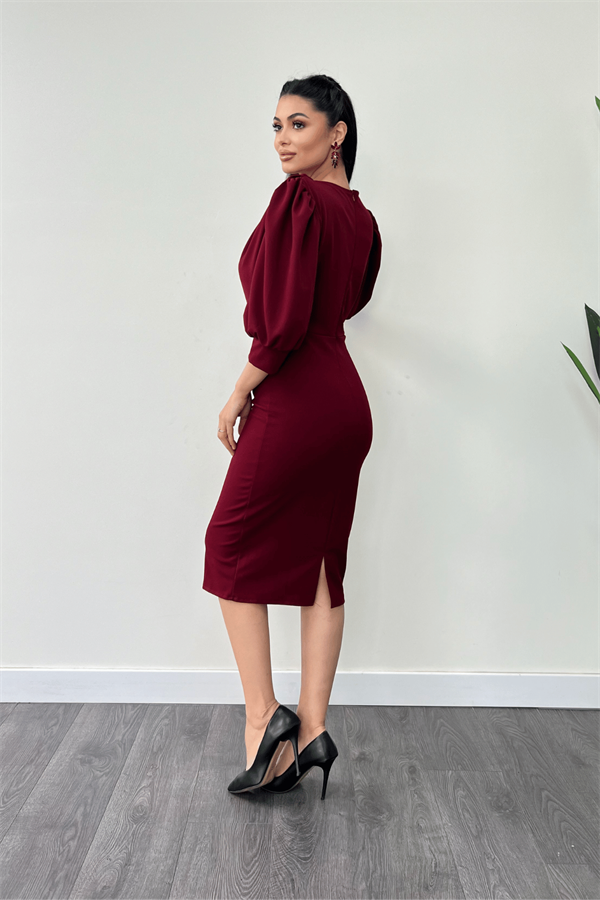 فستان قلم بياقة ديغاجي قماش الكريب بأكمام - بورجوندي