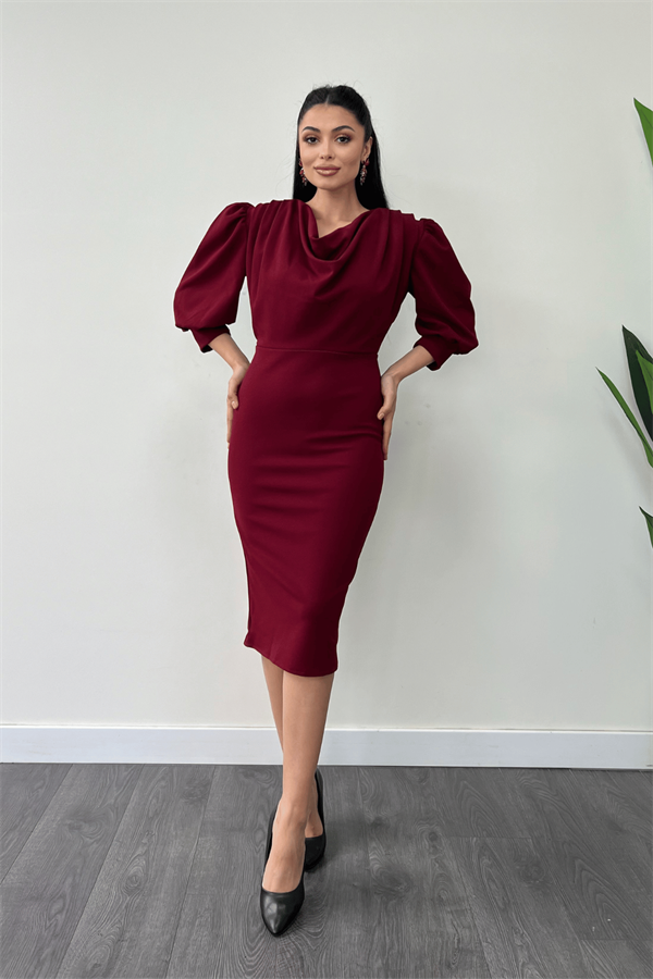 Krep Kumaş Degaje Yaka Kalem Elbise - BORDO