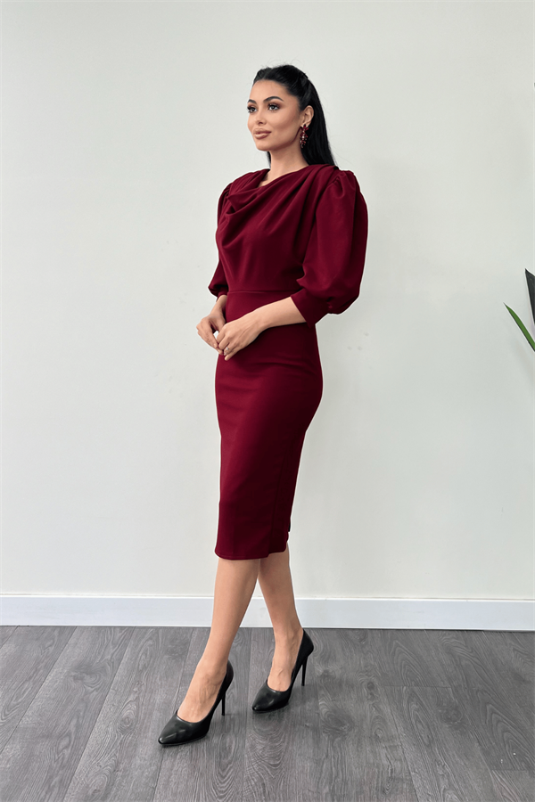 فستان قلم بياقة ديغاجي قماش الكريب بأكمام - بورجوندي