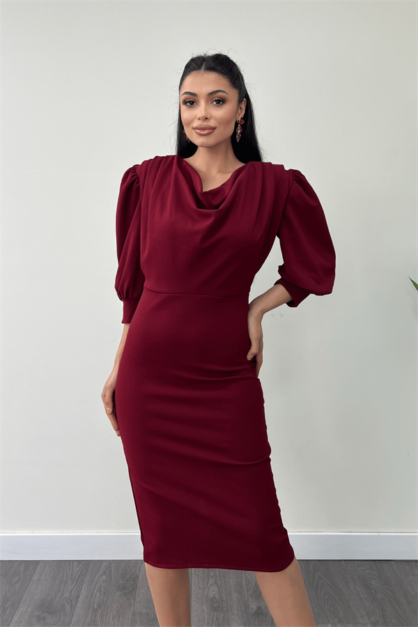 فستان قلم بياقة ديغاجي قماش الكريب بأكمام - بورجوندي