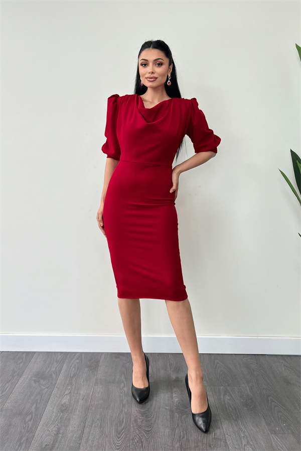 فستان قلم بياقة ديغاجي قماش الكريب بأكمام - أحمر