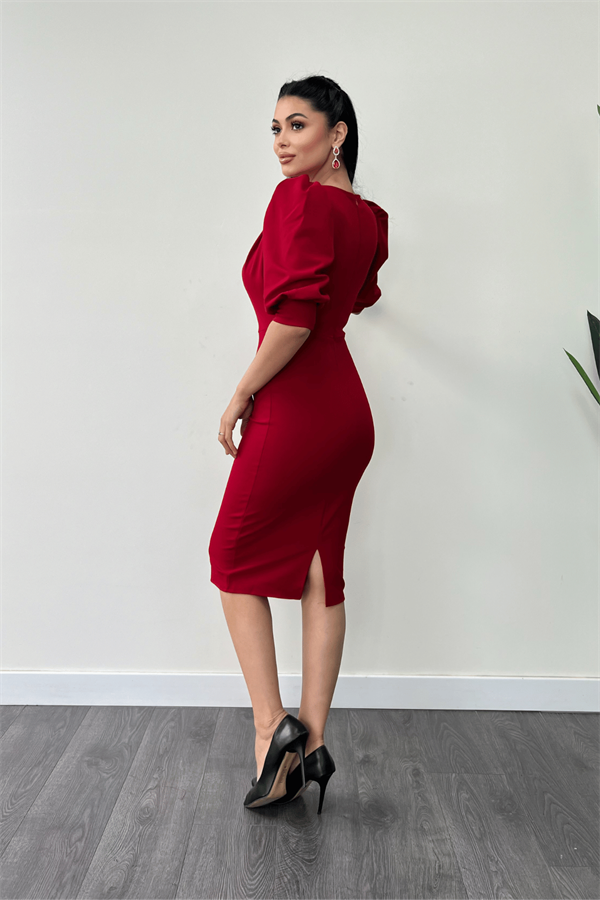 فستان قلم بياقة ديغاجي قماش الكريب بأكمام - أحمر