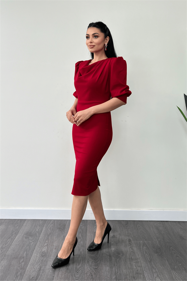 فستان قلم بياقة ديغاجي قماش الكريب بأكمام - أحمر