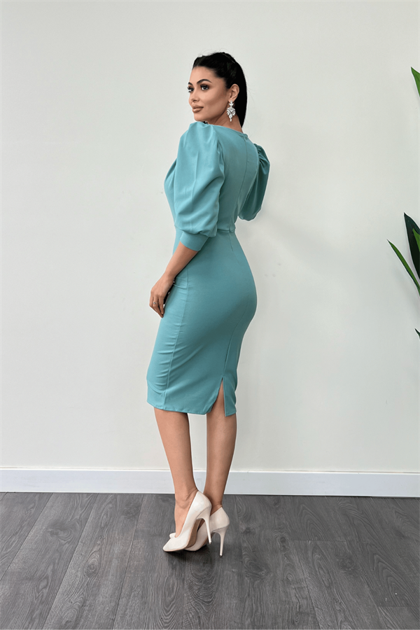 فستان قلم بياقة ديغاجي قماش الكريب بأكمام - نعناع