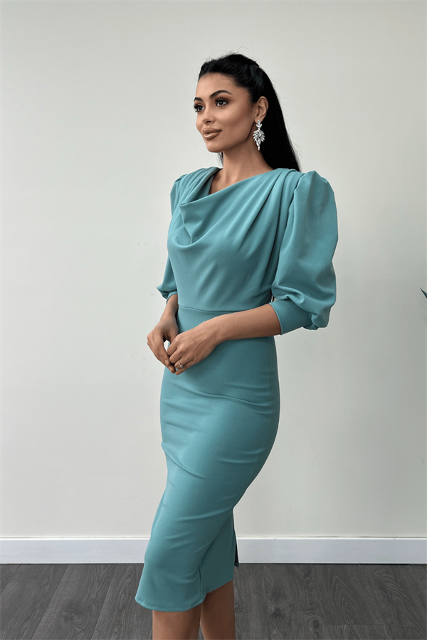 فستان قلم بياقة ديغاجي قماش الكريب بأكمام - نعناع