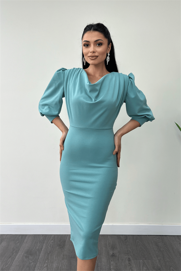 فستان قلم بياقة ديغاجي قماش الكريب بأكمام - نعناع