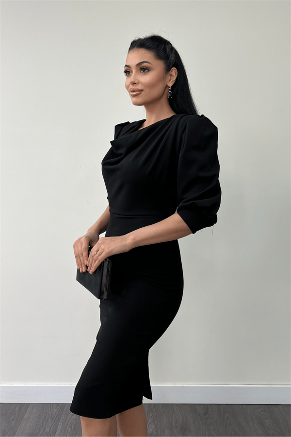 فستان قلم بياقة ديغاجي قماش الكريب بأكمام - أسود