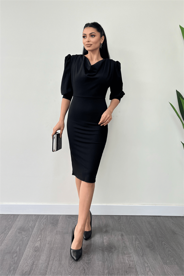 فستان قلم بياقة ديغاجي قماش الكريب بأكمام - أسود