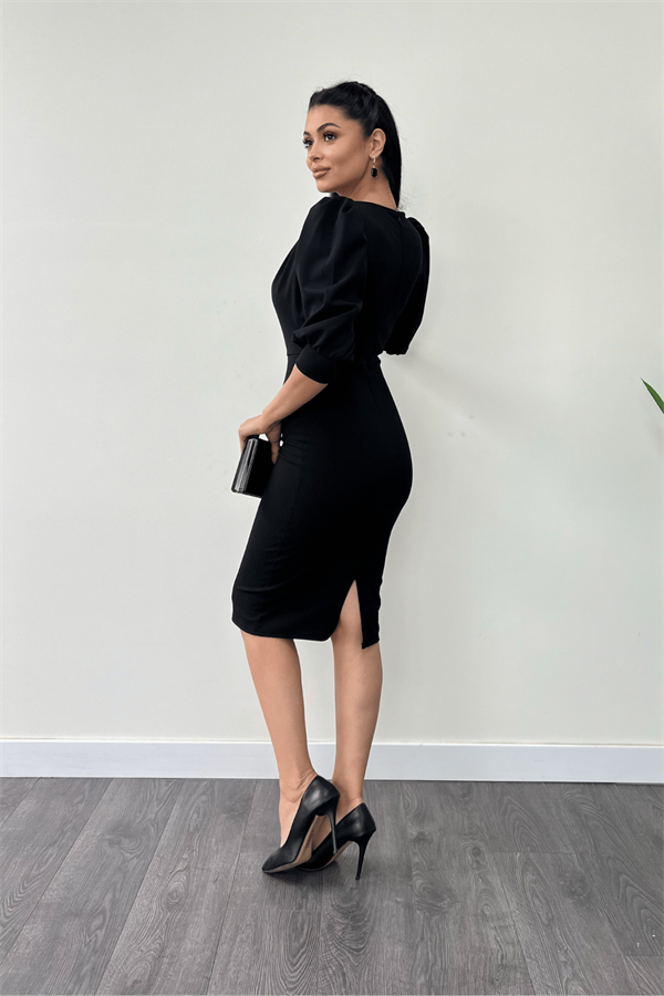 فستان قلم بياقة ديغاجي قماش الكريب بأكمام - أسود