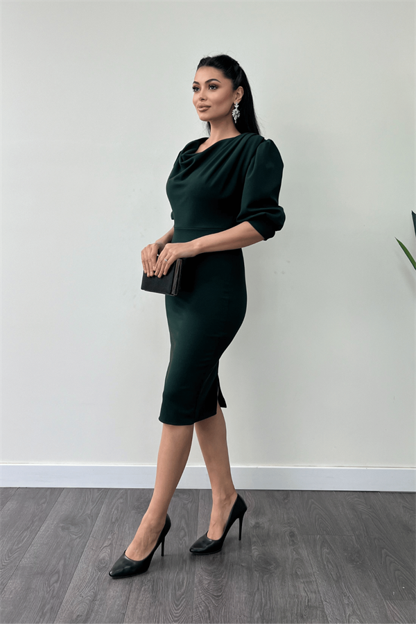 فستان قلم بياقة ديغاجي قماش الكريب بأكمام - زمرد